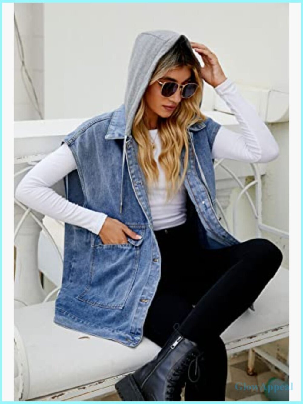 Women's Oversized Denim Vest Mid Long Jean Vest Sleeveless Jacket Distressed - Picture 4 of 7